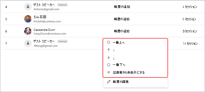 出席者のリストと、その位置を調整するためのオプション (上、上、下、下、または非表示) を示す Teams 会議のスクリーンショット。