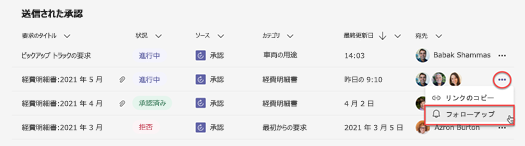 Microsoft Teams の [承認] の [送信済み] リスト