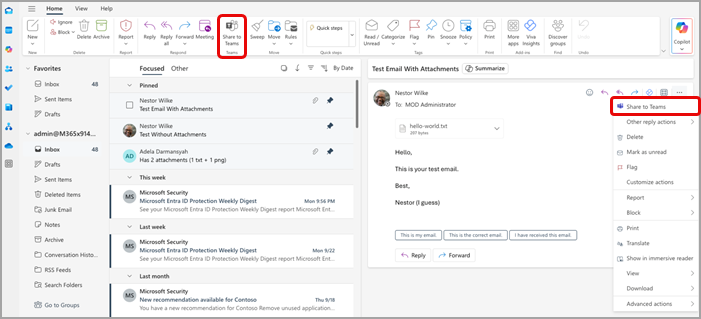 Teams にメールを共有するための Outlook からの 2 つのエントリポイントを示すスクリーンショット。