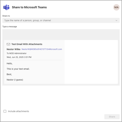Teams にメールが共有されていることを示すスクリーンショット。ユーザー、グループ、またはチャネルと共有することを選択できるオプションがあります。
