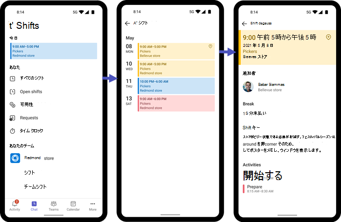 他の場所でのシフトを示すモバイルでの作業者のシフトのスクリーンショット