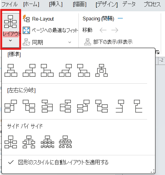 organization chart で選択できるレイアウト オプションを示すスクリーンショット