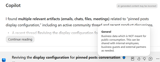 Search results page with a Viva Engage post containing a sensitivity label badge. A tooltip appears on mouse hover displaying the sensitivity level information regardless of the classification type.