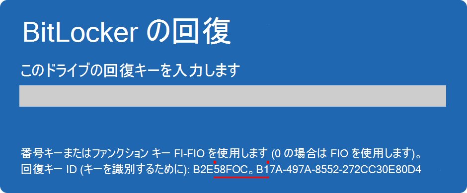 キー ID が強調表示されている BitLocker 回復画面のスクリーンショット。
