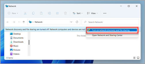 Windows 11 の、[ネットワーク] ウィンドウの [ネットワークとファイル共有] プロンプト。