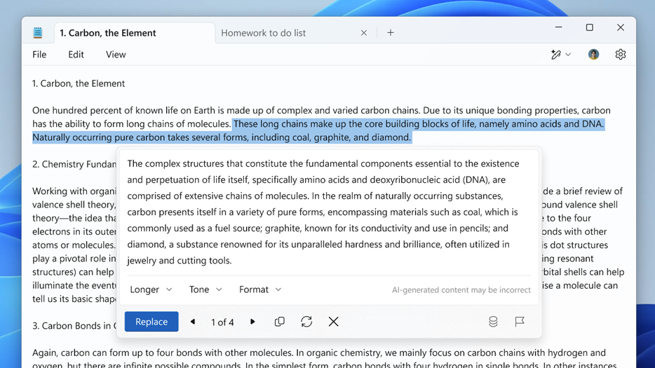書き換えオプションを示すメモ帳の Cowriter のスクリーンショット