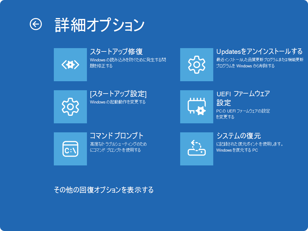[Windows RE - 詳細オプション] 画面のスクリーンショット。