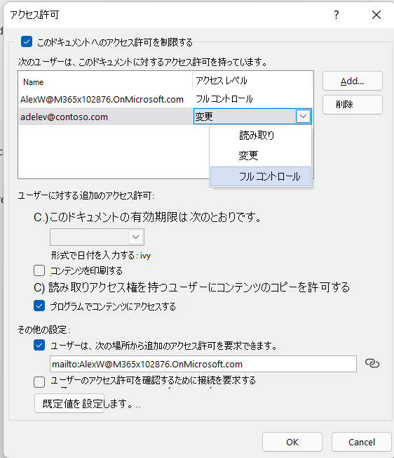 ファイルへのアクセスを制御するための追加オプションを示す IRM 設定の [その他のオプション] ダイアログ。