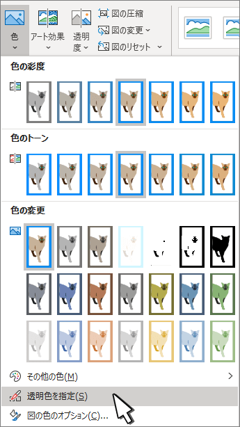 [透明度の設定] が選択された [色] メニュー。