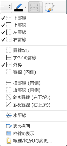 テーブルのデザインの余白オプションが表示される