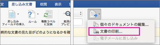 [差し込み印刷] タブの [印刷 & 印刷] オプションが強調表示されています