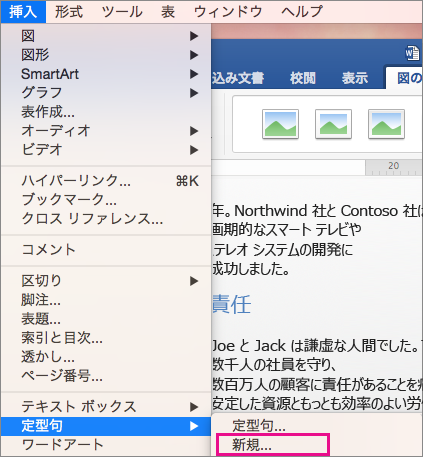 [定型句] > [新規作成] が強調表示されている [挿入] メニュー。