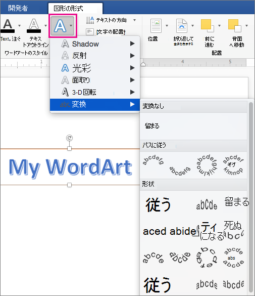 [文字の効果] オプションが強調表示された [図形の書式設定] タブです。