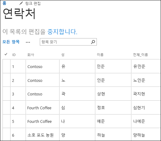 6개의 연락처 레코드가 표시된 SharePoint 목록