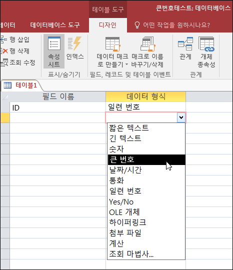 Access 테이블의 데이터 형식 목록 스크린샷 큰 숫자가 선택되어 있습니다.