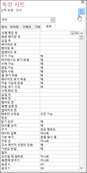 속성이 사전순으로 정렬된 Access 속성 시트의 스크린샷