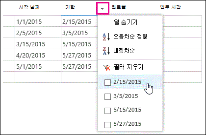데이터시트의 기한 필드에 필터 적용