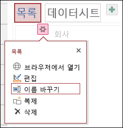 브라우저에서 열기, 편집, 이름 바꾸기, 복제, 삭제가 있는 설정 메뉴