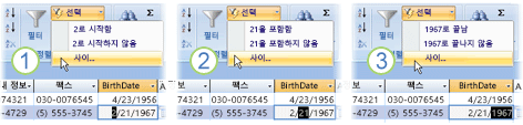 일부 선택한 필드에 기준으로 한 필터
