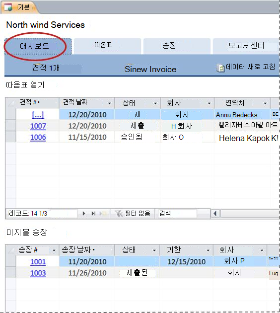 서비스 데이터베이스 서식 파일의 대시보드 탭