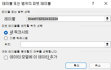 선택한 셀 범위와 기본 옵션을 보여 주는 Windows용 Excel의 피벗 테이블 만들기 대화 상자