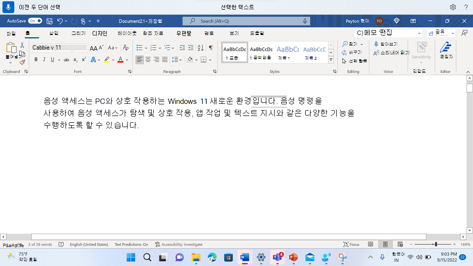 Word 두 개의 이전 단어를 선택하기 위한 음성 액세스 명령을 보여 주는 문서입니다.