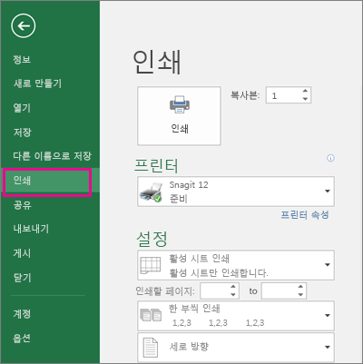 파일 > 인쇄를 클릭하여 워크시트를 미리 봅니다.