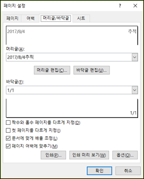 페이지 설정 > 머리글 및 바닥글 옵션