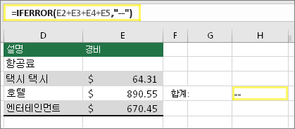 셀 H4 with =IFERROR(E2+E3+E4+E5,--)