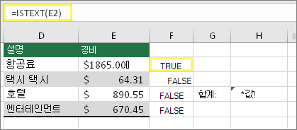 =ISTEXT(E2) 및 TRUE 결과가 있는 셀 F2