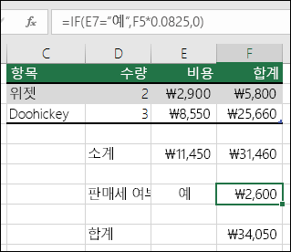 셀 F7의 수식은 IF(E7=Yes,F5*0.0825,0)입니다.