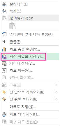 바로 가기 메뉴의 템플릿으로 저장 명령을 보여주는 스크린샷.