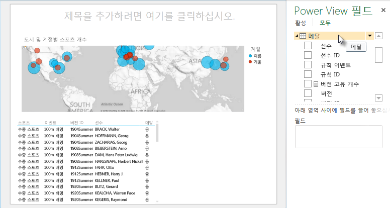 자동으로 기본 필드 집합을 포함한 Power View 테이블