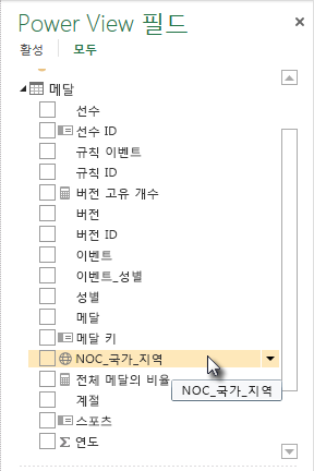 Power View 필드의 지리적 위치 아이콘