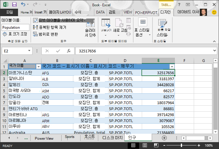 Excel로 가져온 인구 데이터