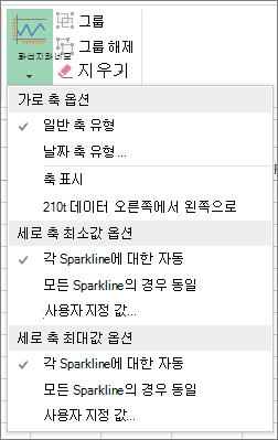 스파크라인 도구 디자인 탭의 축 단추