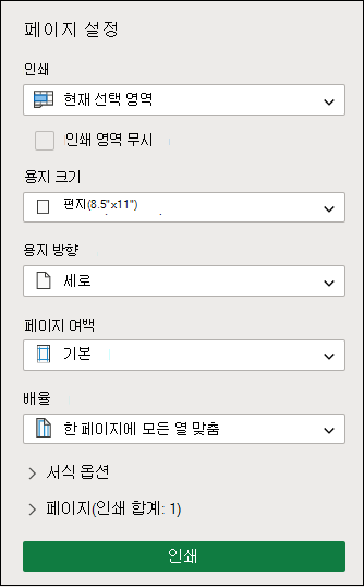 웹용 Excel 현재 선택 영역 인쇄