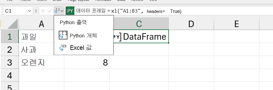 Excel에서 Python 출력 메뉴가 열립니다.