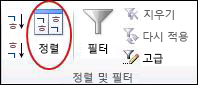 Excel의 데이터 탭에 있는 정렬 & 필터 그룹의 정렬 명령