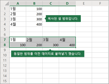 붙여넣기 Transpose의 예