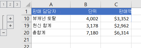 합계 행만 표시되고 윤곽 설정된 목록
