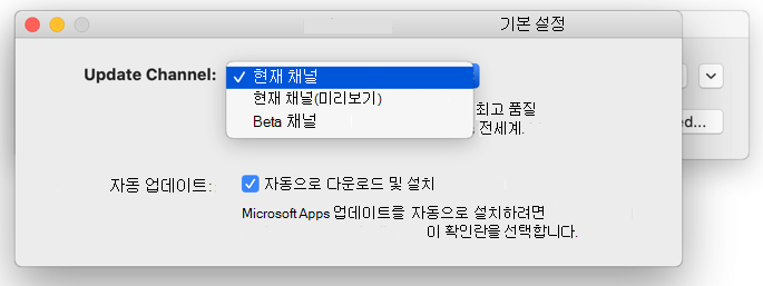 Mac Microsoft 자동 업데이트 이미지 -> 업데이트 채널 선택을 보여 주는 기본 설정 창입니다.