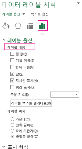 데이터 레이블 서식 창의 레이블 옵션 부분