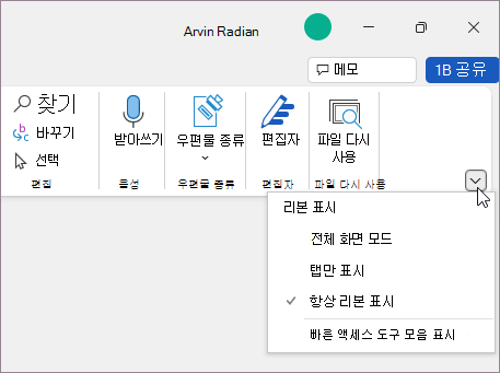 리본 표시 옵션 메뉴