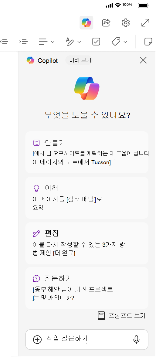 iOS용 OneNote에서 Copilot 단추 액세스