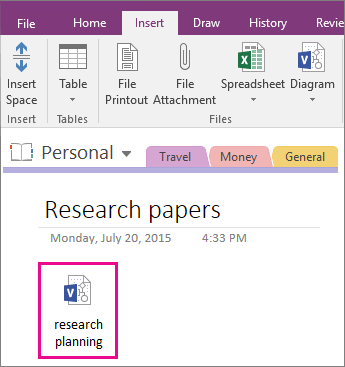 OneNote 2016의 페이지에 Visio 파일을 첨부하는 방법 스크린샷