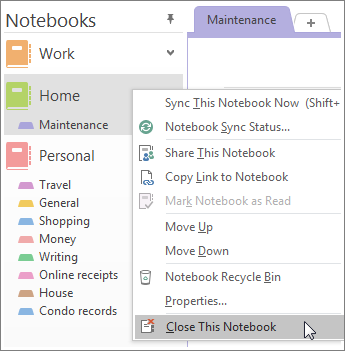 OneNote 2016에서 전자 필기장을 닫는 방법 스크린샷