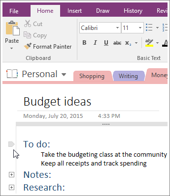 OneNote 2016에서 개요를 축소하는 방법 스크린샷