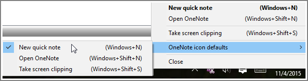 OneNote 옵션이 있는 시스템 트레이 스크린샷