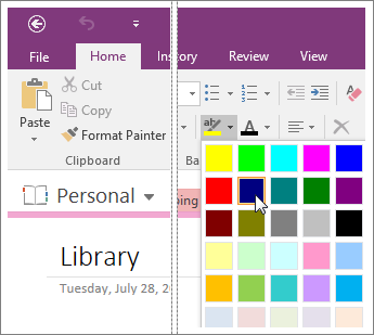 OneNote 2016의 텍스트 강조 색 단추 스크린샷